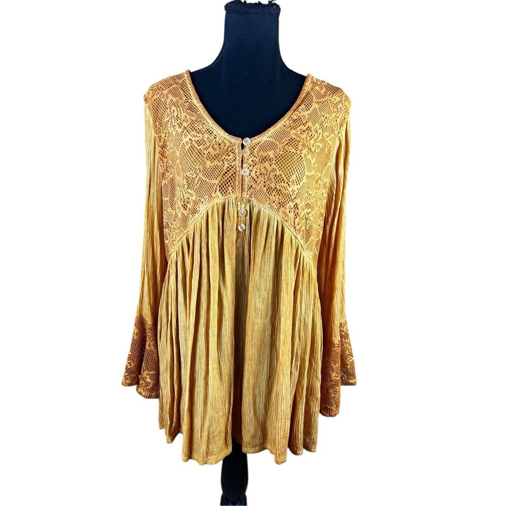 Mustard Lace Yoke Pleated Blouse